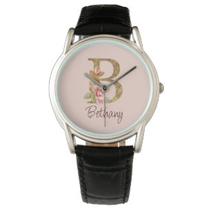 Individuelle Name Goldfolie Rosa Rosen Buchstabe B Armbanduhr