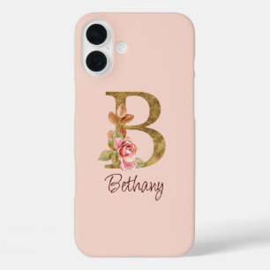 Individuelle Name Goldfolie Rosa Rosen Buchstabe B iPhone 16 Plus Hülle