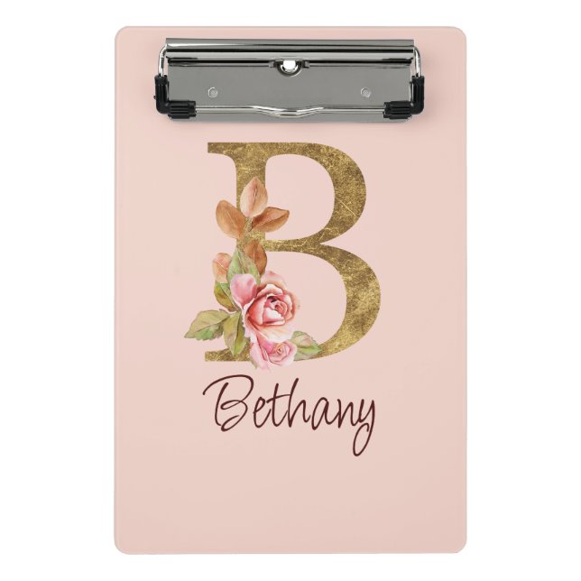 Individuelle Name Goldfolie Rosa Rosen Buchstabe B Mini Klemmbrett (Vorderseite)
