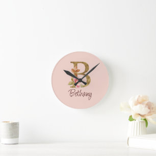 Individuelle Name Goldfolie Rosa Rosen Buchstabe B Runde Wanduhr