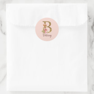 Individuelle Name Goldfolie Rosa Rosen Buchstabe B Runder Aufkleber