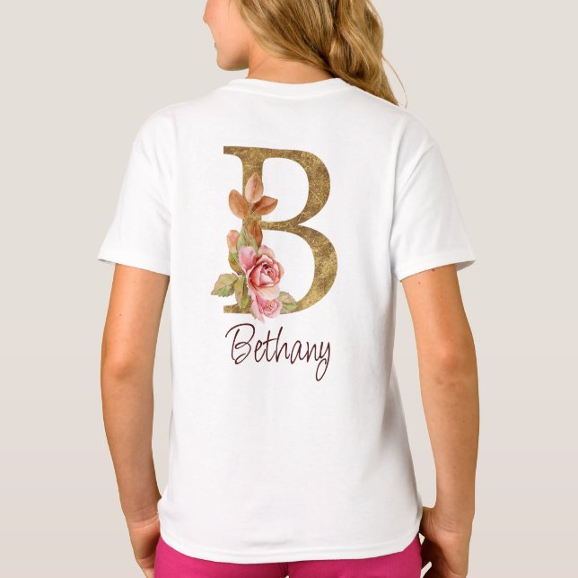 Individuelle Name Goldfolie Rosa Rosen Buchstabe B T-Shirt (Rückseite)