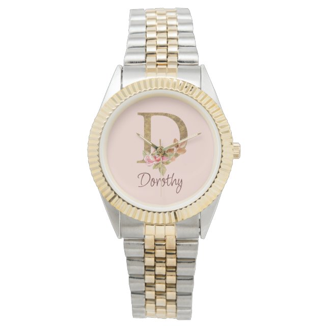 Individuelle Name Goldfolie Rosa Rosen Buchstabe D Armbanduhr (Vorderseite)