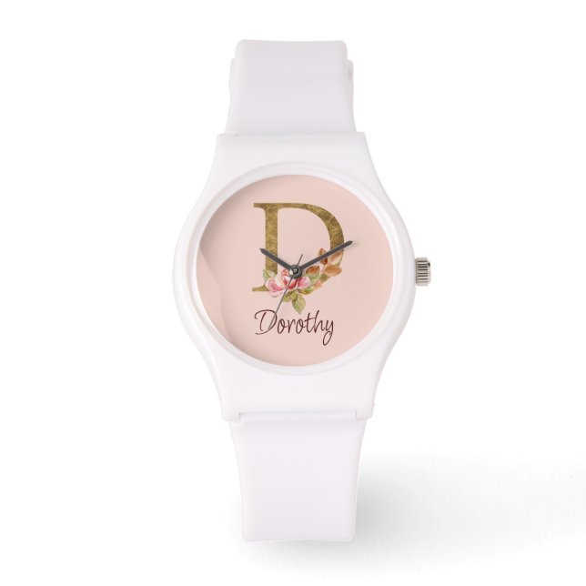 Individuelle Name Goldfolie Rosa Rosen Buchstabe D Armbanduhr (Vorderseite)