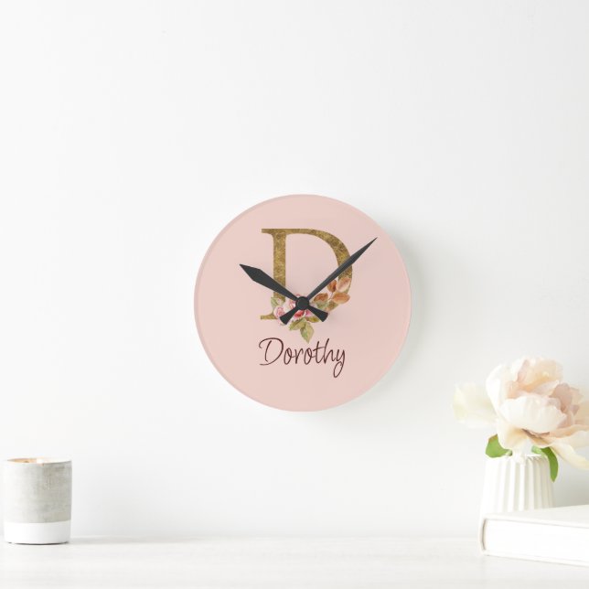 Individuelle Name Goldfolie Rosa Rosen Buchstabe D Runde Wanduhr (Zuhause)