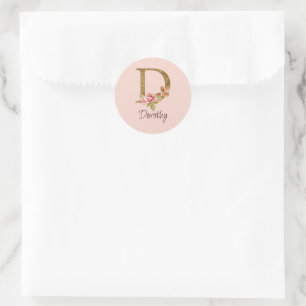Individuelle Name Goldfolie Rosa Rosen Buchstabe D Runder Aufkleber