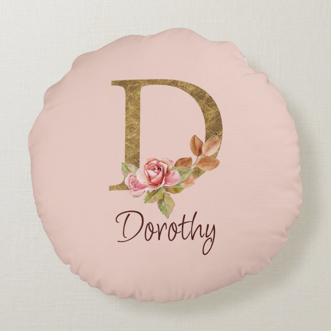 Individuelle Name Goldfolie Rosa Rosen Buchstabe D Rundes Kissen (Rückseite)