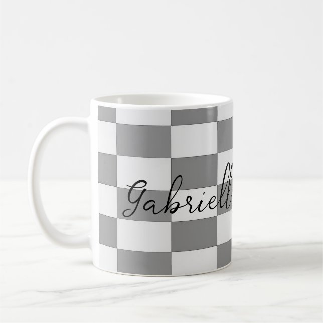 Individuelle Name-Graue Karo-Blockstruktur Kaffeetasse (Links)