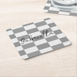 Individuelle Name-Graue Karo-Blockstruktur Rechteckiger Pappuntersetzer