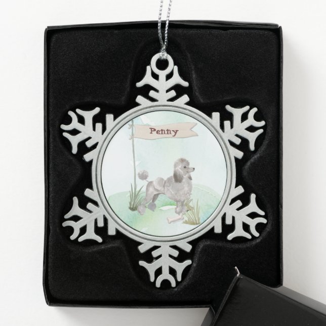Individuelle Name Gray Poodle Haustier Hund Schneeflocken Zinn-Ornament (Box)