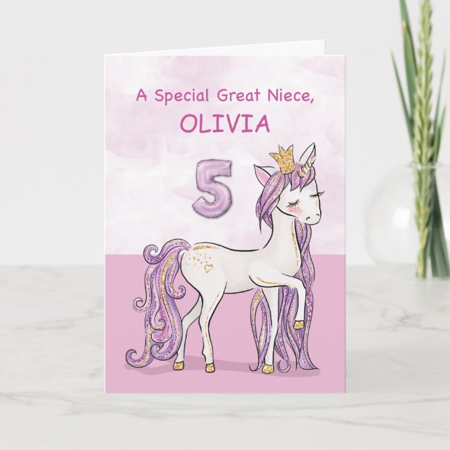 Individuelle Name Great Niece 5. Geburtstag Pink H Karte (Vorderseite)