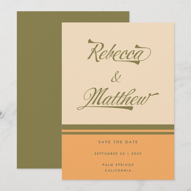 INDIVIDUELLE NAME Green 70er Stripes Retro Hochzei Save The Date (Vorne/Hinten)