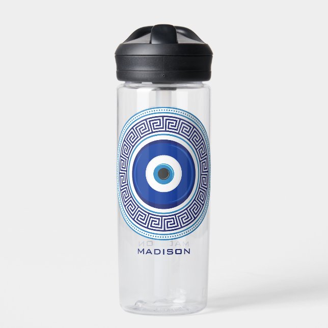 Individuelle Name Griechisches Muster Evil Eye Naz Trinkflasche (Vorderseite)