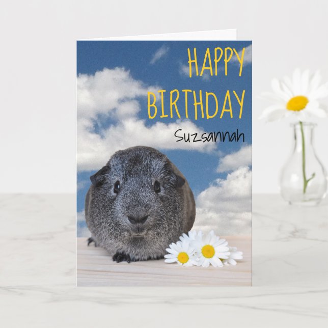 Individuelle Name Happy Birthday Guinea Pig White  Karte (Kleine Pflanze)