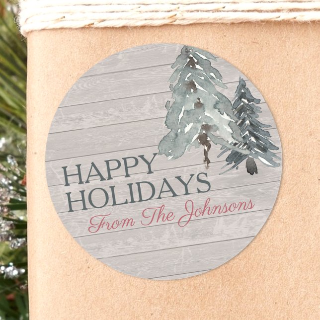 Individuelle Name Happy Holidays Wasserfarben Slat Runder Aufkleber (Von Creator hochgeladen)