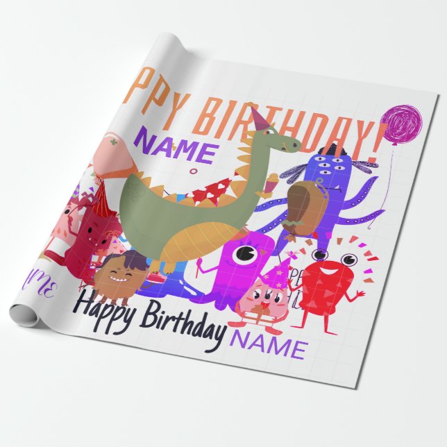 INDIVIDUELLE NAME HAPPY MONSTER BIRTHDAY WRAPPING  GESCHENKPAPIER (Ungerollt)