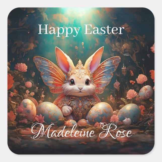Individuelle Name Happy Osterfest Bunny mit Ostere Quadratischer Aufkleber (Vorderseite)