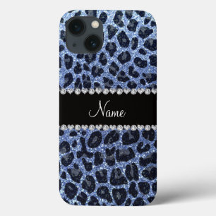 Individuelle Name hellblauer Glitzer Leopard iPhone 13 Hülle