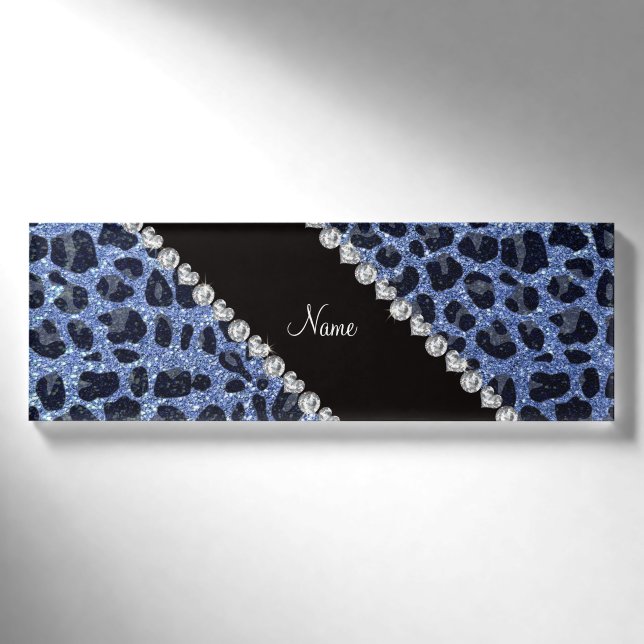Individuelle Name hellblauer Glitzer Leopard Namenschild (Vorderseite)