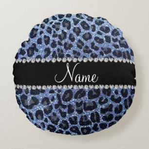 Individuelle Name hellblauer Glitzer Leopard Rundes Kissen