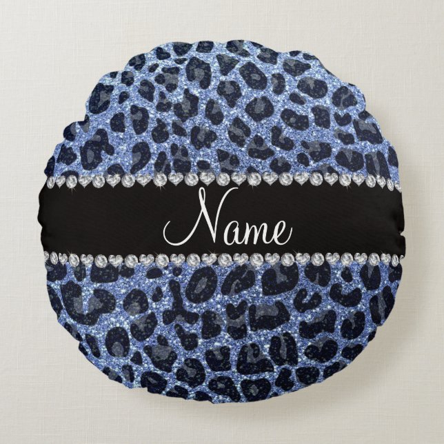 Individuelle Name hellblauer Glitzer Leopard Rundes Kissen (Vorderseite)