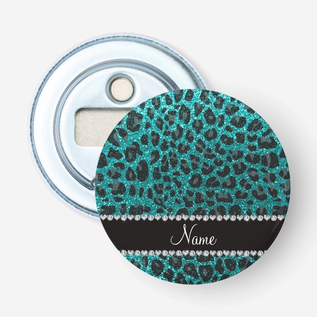 Individuelle Name heller Aqua-Glitzer Leoparddruck Flaschenöffner (Vorderseite)