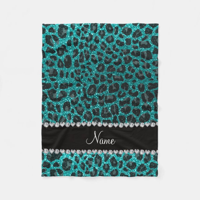 Individuelle Name heller Aqua-Glitzer Leoparddruck Fleecedecke (Vorderseite)