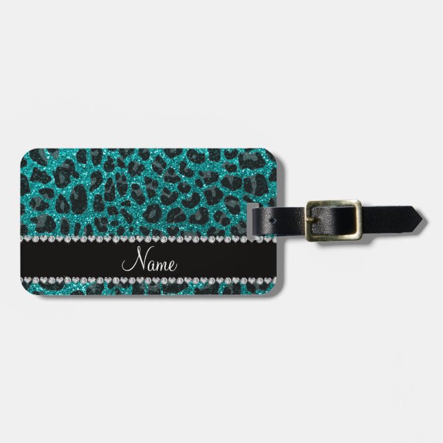 Individuelle Name heller Aqua-Glitzer Leoparddruck Gepäckanhänger (Vorderseite horizontal)