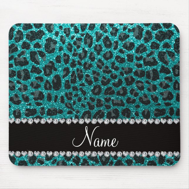 Individuelle Name heller Aqua-Glitzer Leoparddruck Mousepad (Vorne)
