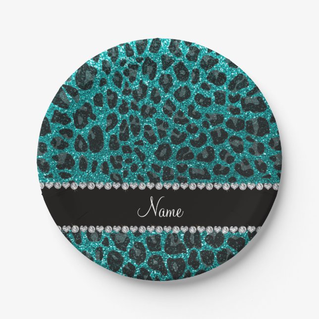 Individuelle Name heller Aqua-Glitzer Leoparddruck Pappteller (Vorderseite)