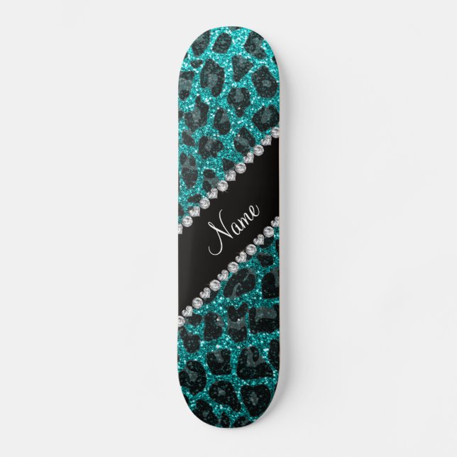 Individuelle Name heller Aqua-Glitzer Leoparddruck Skateboard (Vorderseite)