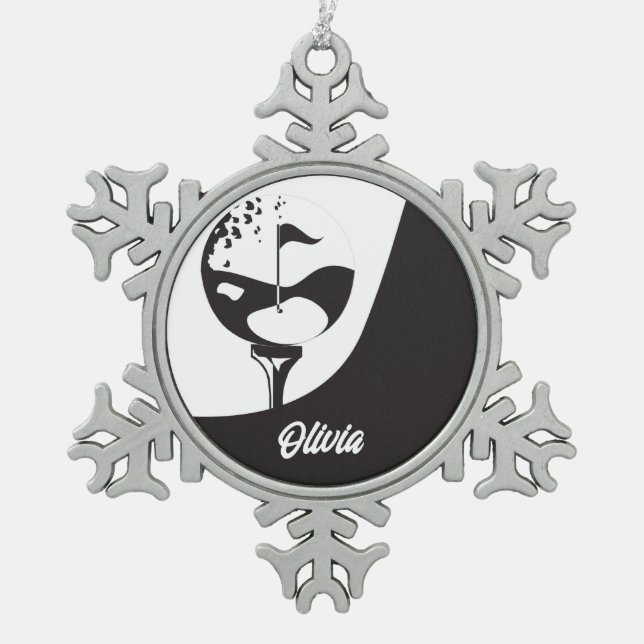 Individuelle Name Hello Black and White Golf Schneeflocken Zinn-Ornament (Vorderseite)