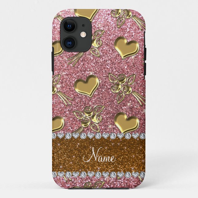 Individuelle Name hellrosa Glitzer Gold Rose Herze Case-Mate iPhone Hülle (Rückseite)