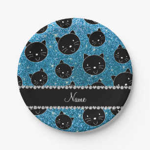 Individuelle Name Himmelblau Glitzer Schwarze Katz Pappteller