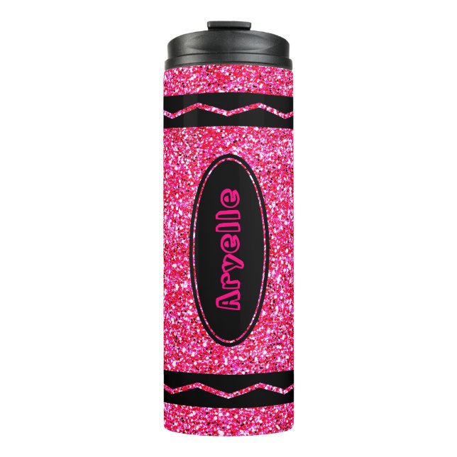individuelle Name Hot Pink Glitzer Crayon Drink Tu Thermosbecher (Vorderseite)