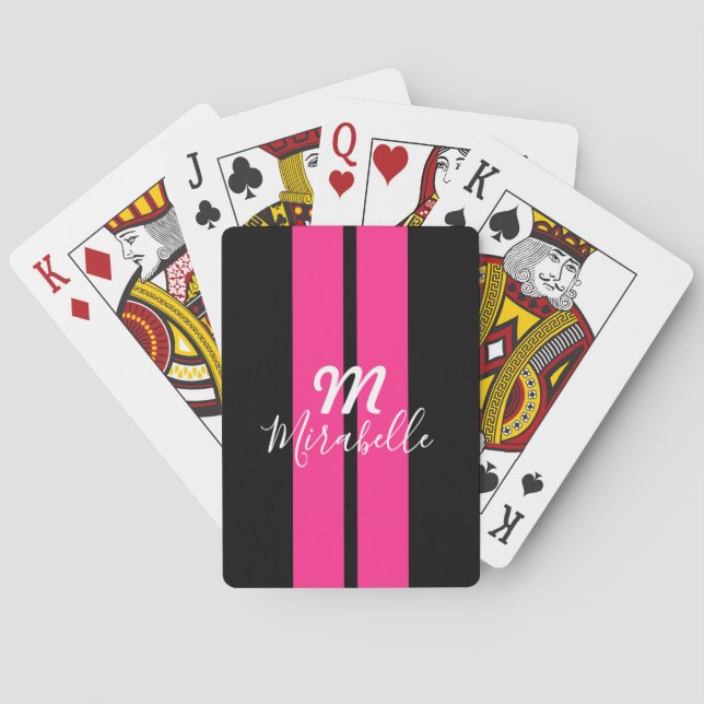 Individuelle Name Hot Pink Racing Stripe Mit Monog Spielkarten (Rückseite)
