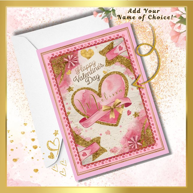 Individuelle Name Hübsch Pink Gold Hearts Valentin Karte (Express your love on Valentine's Day! Gorgeous pink & gold heart card to surprise your loved one!)