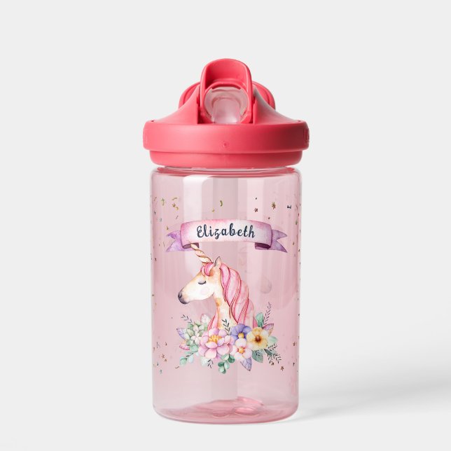 Individuelle Name Hübsche Aquarellfarbe Blume Einh Trinkflasche (Vorne)