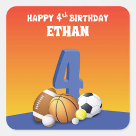 Individuelle Name Junge 4. Geburtstag Sportbälle Quadratischer Aufkleber