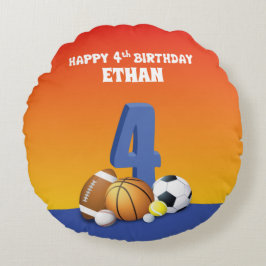 Individuelle Name Junge 4. Geburtstag Sportbälle R Rundes Kissen