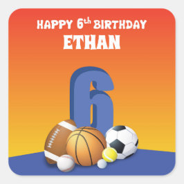 Individuelle Name Junge 6. Geburtstag Sportbälle Quadratischer Aufkleber