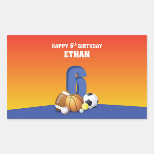 individuelle Name Junge 6. Geburtstag Sportbälle Rechteckiger Aufkleber