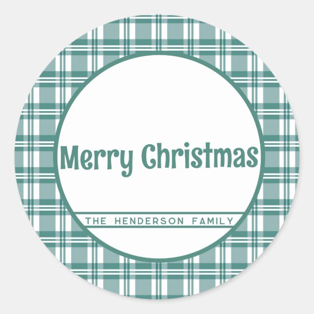 Individuelle Name | Kariert grün | Frohe Weihnacht Runder Aufkleber (Vorderseite)