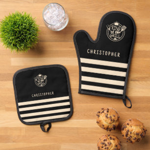 Individuelle Name King of the Grill Black Ofenhandschuh & Topflappen-Set