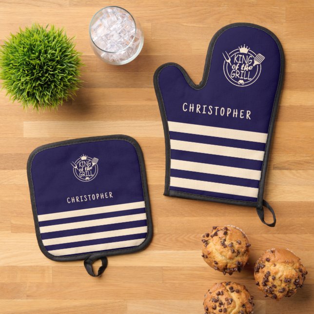 Individuelle Name King of the Grill Navy Ofenhandschuh & Topflappen-Set (Oben Unten)