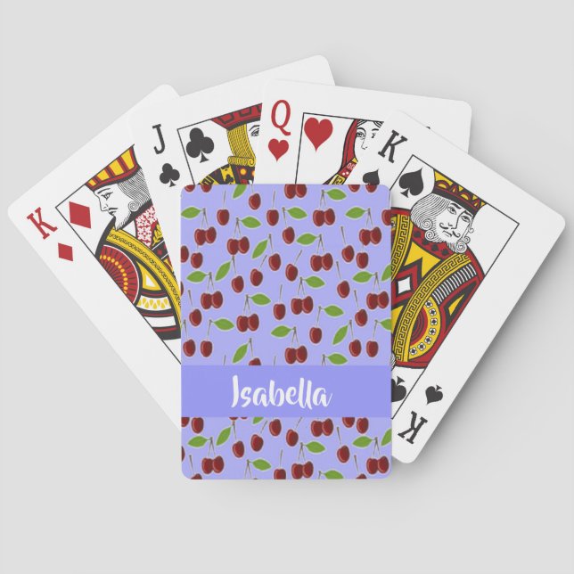 Individuelle Name Kirschen Muster blau Spielkarten (Rückseite)