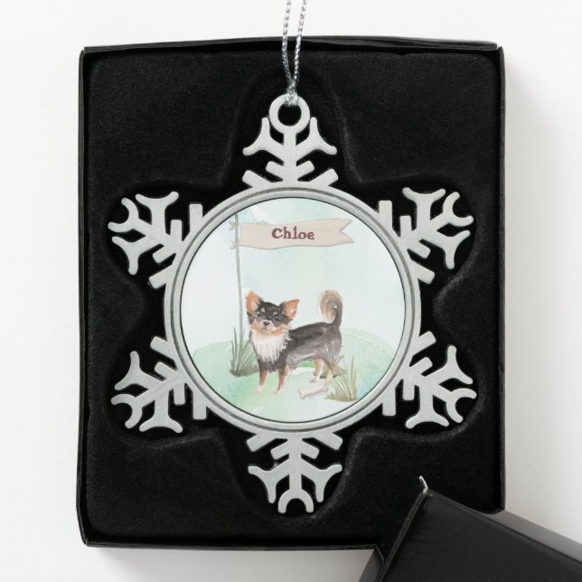 Individuelle Name Langhaariger Chihuahua Haustier  Schneeflocken Zinn-Ornament (Box)