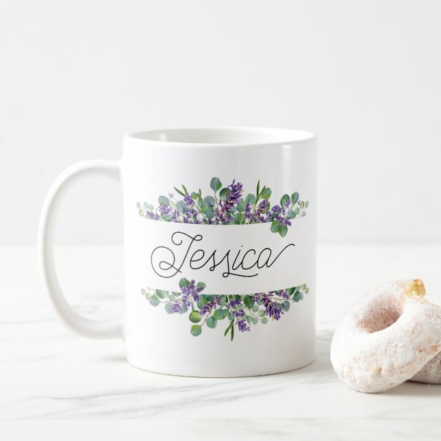 Individuelle Name Lavender Floral Tasse (Mit Donut)