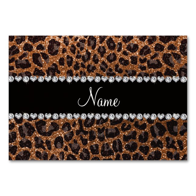 Individuelle Name-Leopardendruck aus Glitzer verbr Tischnummer (Vorderseite)