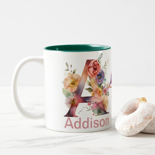 Individuelle Name Letter A Monogram | Blumenmuster Zweifarbige Tasse (Mit Donut)
